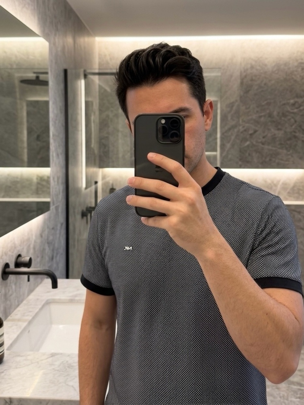 Michael Kors Men's Black Micro-Pattern Crewneck Tee with Navy Trim